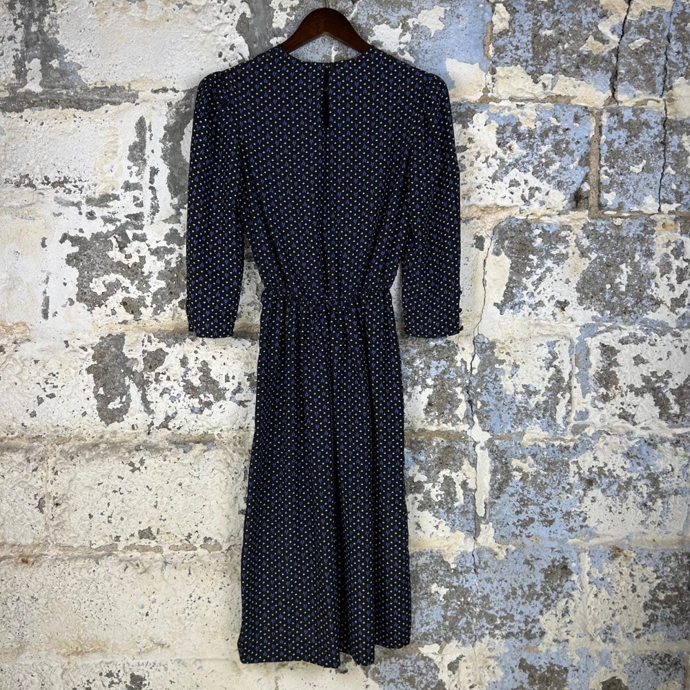 Vintage 80's JT Dress Vintage Midi Dress Womens Black Purple Micro Print Belted - Picture 2 of 8